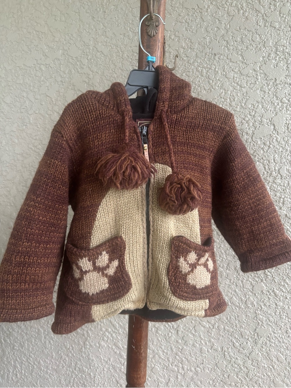 Kyber Kids Brown Knit insulated Hooded Zip Jacket with Paw-Pocket Detail
